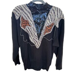 Vintage Bonnie and Bill Sweater Black Animal Print Sequin Mock Neck Top‎